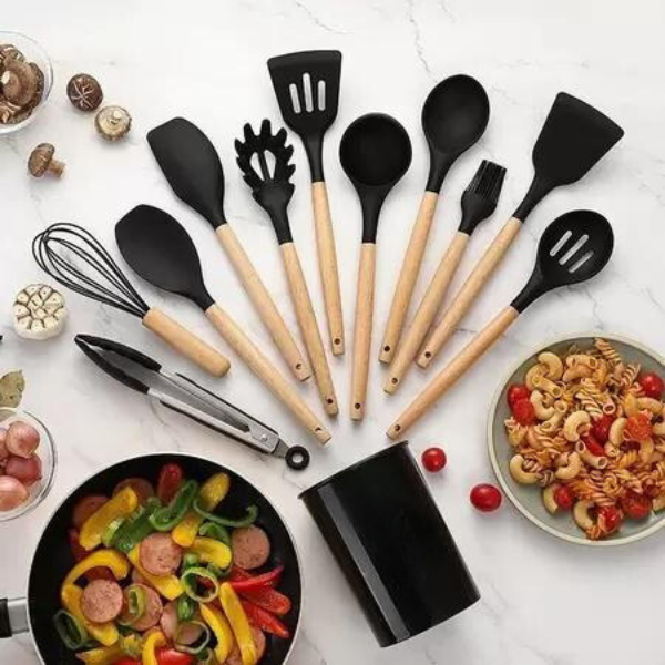 Kit Utensílios Cozinha 12 Peças Silicone Antiaderente (PRETO)