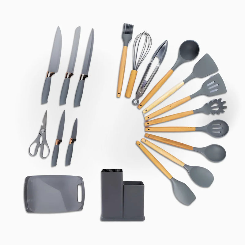 Kit Utensílios de Cozinha 19 Peças em Silicone com Facas, Pegador, Batedor e Colheres – Completo e Resistente cor cinza