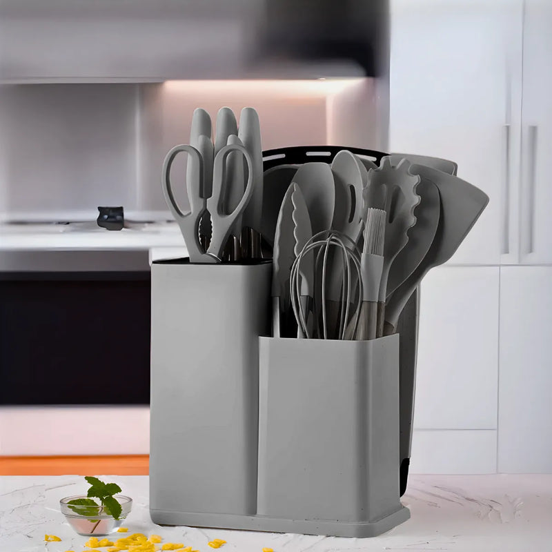 Kit Utensílios de Cozinha 19 Peças em Silicone com Facas, Pegador, Batedor e Colheres – Completo e Resistente cor cinza