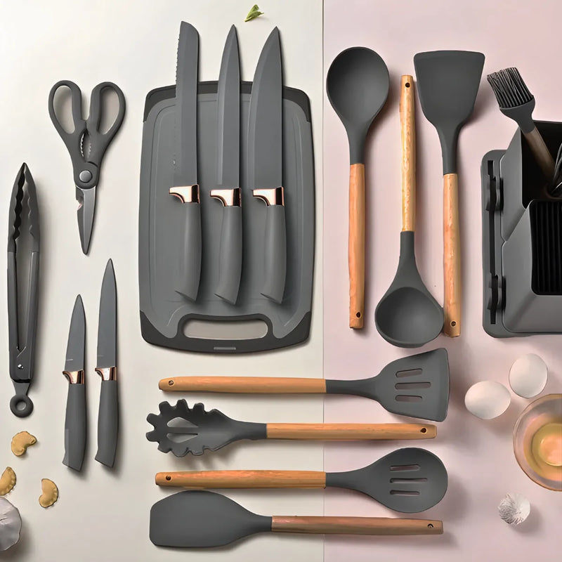 Kit Utensílios de Cozinha 19 Peças em Silicone com Facas, Pegador, Batedor e Colheres – Completo e Resistente cor cinza