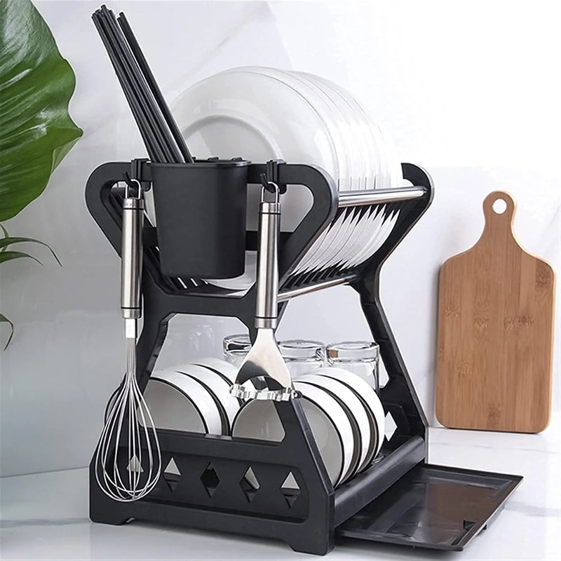 Escorredor de Pratos de Dupla Camada – Organizador de Cozinha com Suporte para Talheres e Armazenamento Eficiente