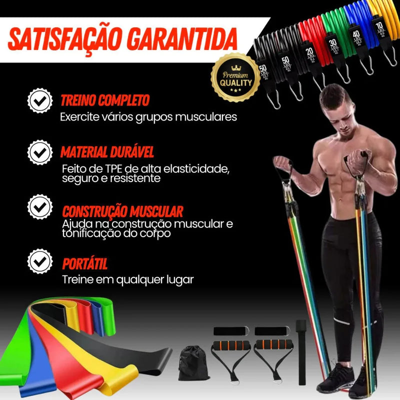 Kit 11 Extensores Elásticos + 5 Mini Bandas Faixas Treino Funcional Yoga Fisioterapia Musculação Em Casa