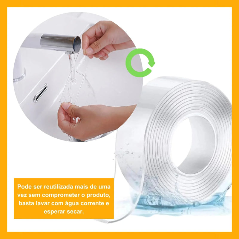 Fita Dupla Face de Gel Transparente – Extra Forte, 3M x 2cm, Adesiva, Reutilizável e Multiuso para Parede