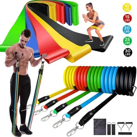 Kit 11 Extensores Elásticos + 5 Mini Bandas Faixas Treino Funcional Yoga Fisioterapia Musculação Em Casa