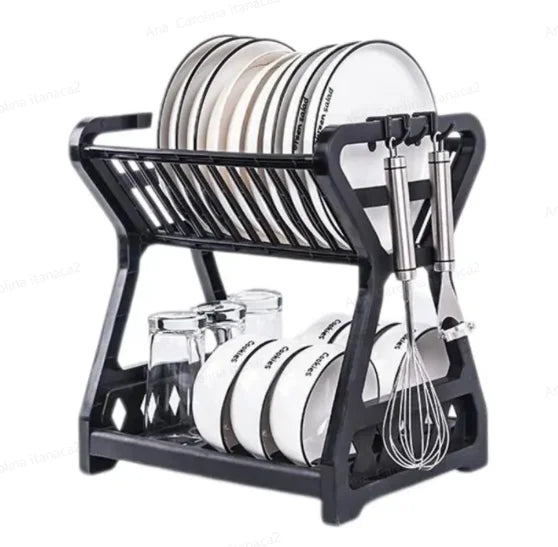 Escorredor de Pratos de Dupla Camada – Organizador de Cozinha com Suporte para Talheres e Armazenamento Eficiente