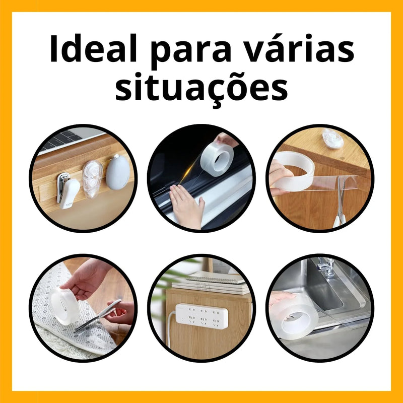 Fita Dupla Face de Gel Transparente – Extra Forte, 3M x 2cm, Adesiva, Reutilizável e Multiuso para Parede