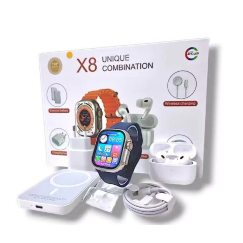 Smartwatch X8 Ultra 49mm + Fone Bluetooth AirPods Pro + Power Bank – Faz Chamadas, Tela 2.2” HD, IP68
