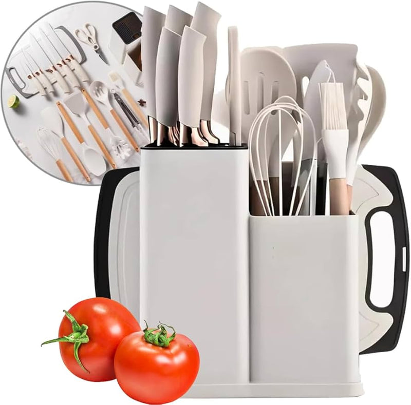 Kit Utensílios de Cozinha 19 Peças em Silicone com Facas, Pegador, Batedor e Colheres – Completo e Resistente na cor branco