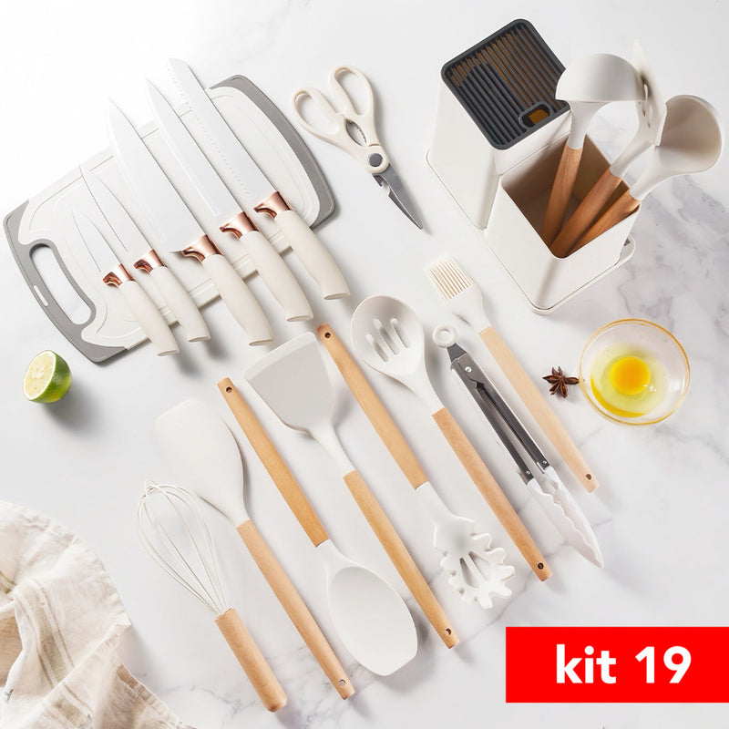 Kit Utensílios de Cozinha 19 Peças em Silicone com Facas, Pegador, Batedor e Colheres – Completo e Resistente na cor branco