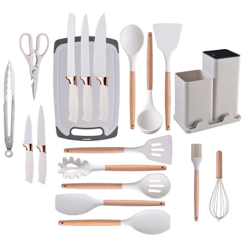 Kit Utensílios de Cozinha 19 Peças em Silicone com Facas, Pegador, Batedor e Colheres – Completo e Resistente na cor branco