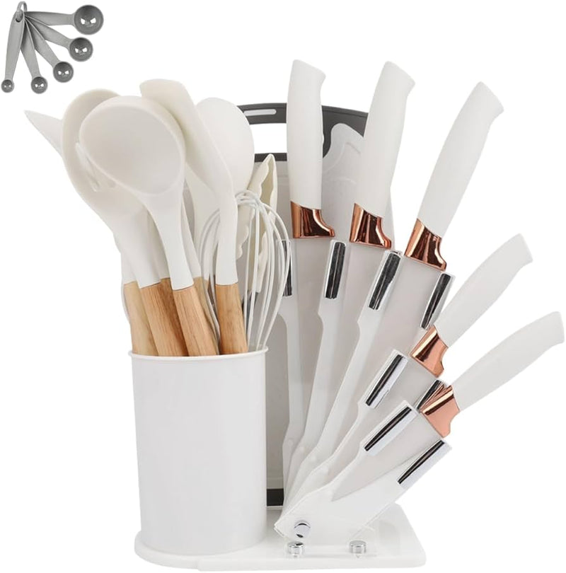 Kit Utensílios de Cozinha 19 Peças em Silicone com Facas, Pegador, Batedor e Colheres – Completo e Resistente na cor branco