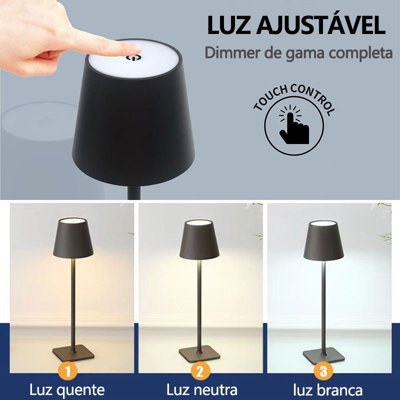 💡 Luminária Abajur de Mesa LED Touch – Portátil, Recarregável e Dimerizável com 3 Modos de Luz!