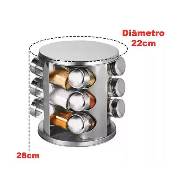 Porta Temperos com Suporte Giratório – 12 Potes + Adesivos | Organização e Praticidade na Sua Cozinha!