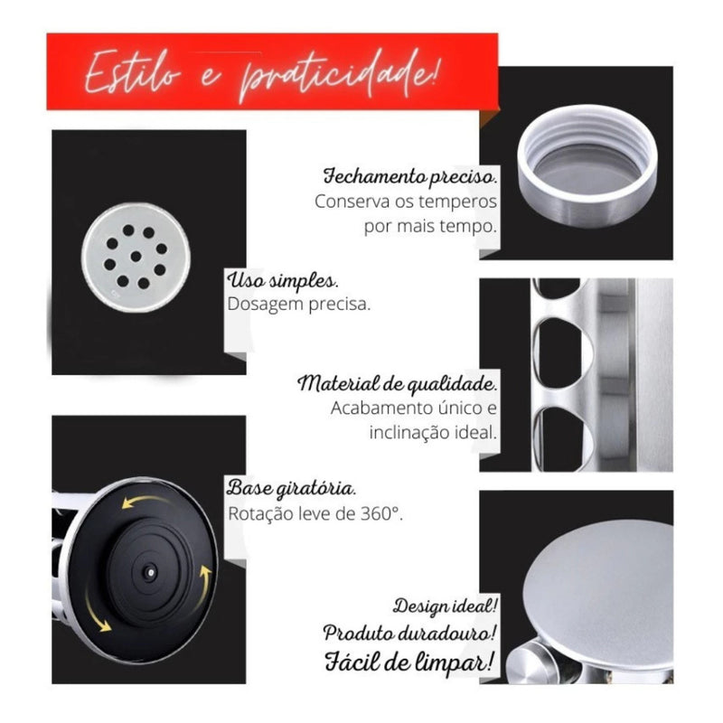 Porta Temperos com Suporte Giratório – 12 Potes + Adesivos | Organização e Praticidade na Sua Cozinha!