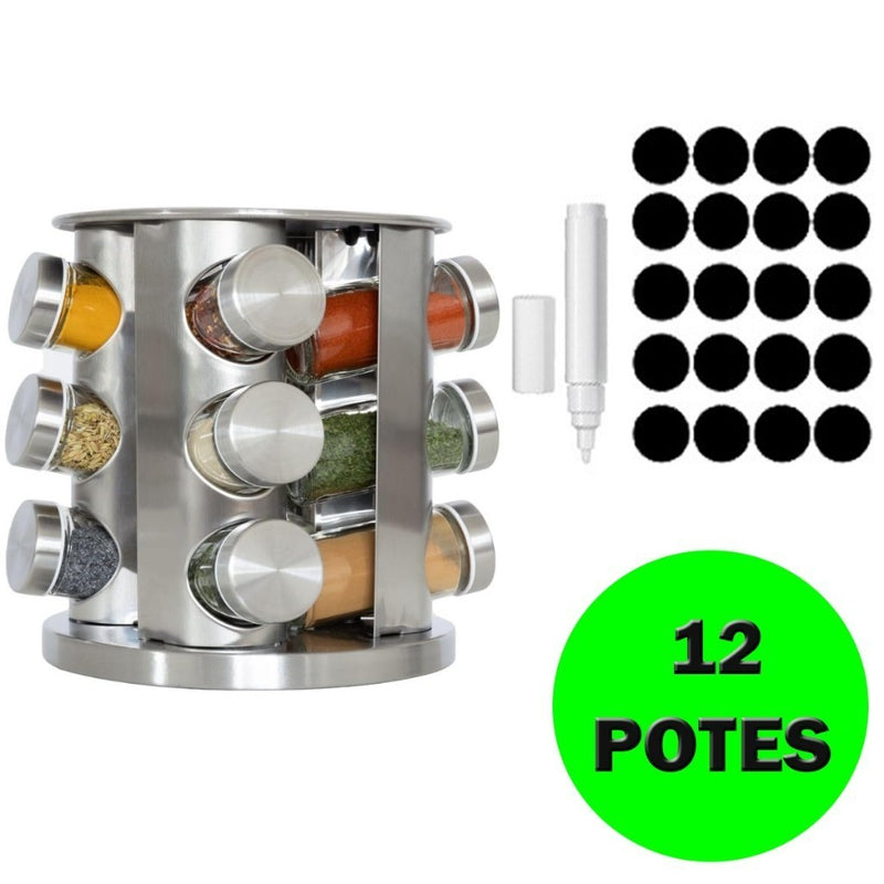 Porta Temperos com Suporte Giratório – 12 Potes + Adesivos | Organização e Praticidade na Sua Cozinha!